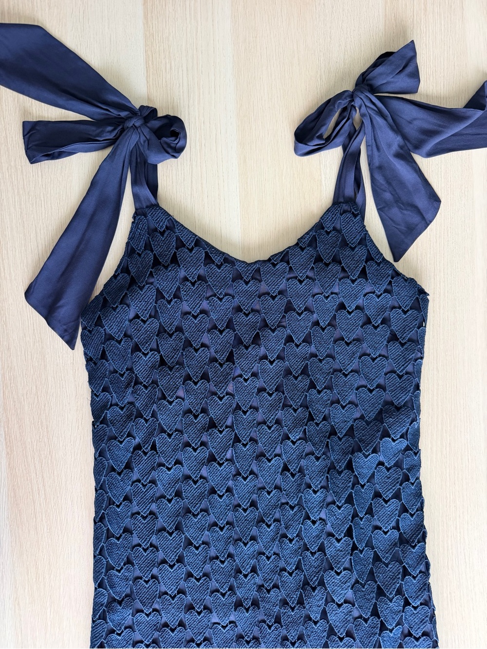 Umgee Navy Heart Shaped Crochet Fringe Maxi Dress Medium Tie Shoulder NWT Boho - Picture 11 of 15